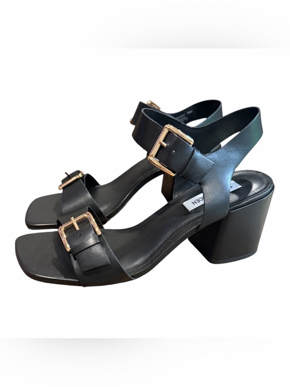 Lena Black Block Heel Sandals with Gold Buckles